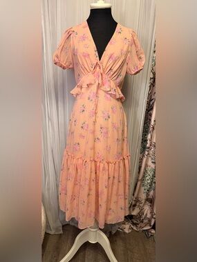 LoveShackFancy Peach Floral Tie-Front Ruffle Maxi Dress